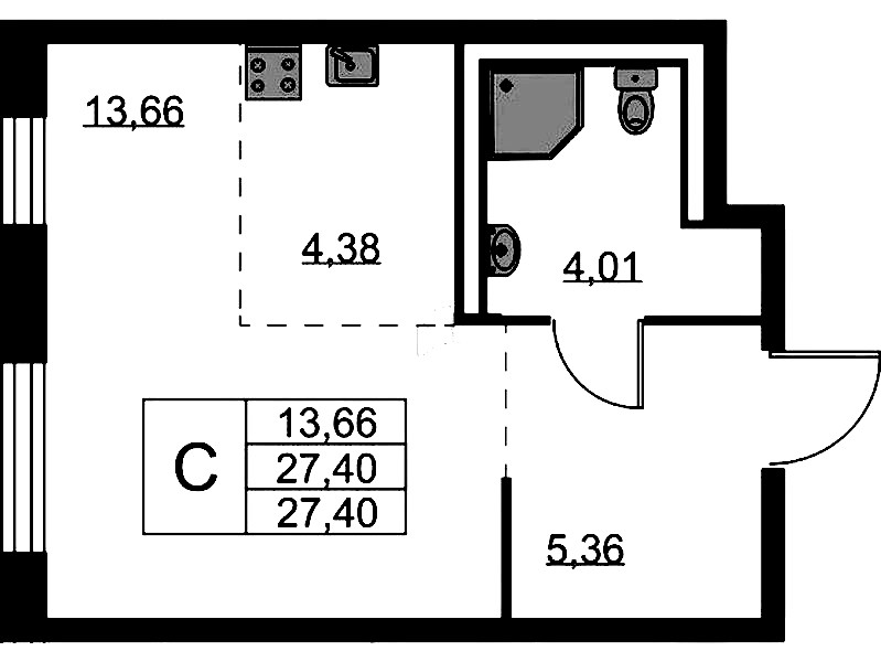 Квартира студия 27.4 м², 2/9 эт., ЖК «Квартал Лаголово»